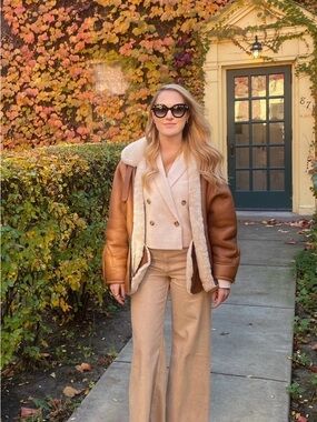Womens Brown Shearling-Lined Leather Aviator Jacket